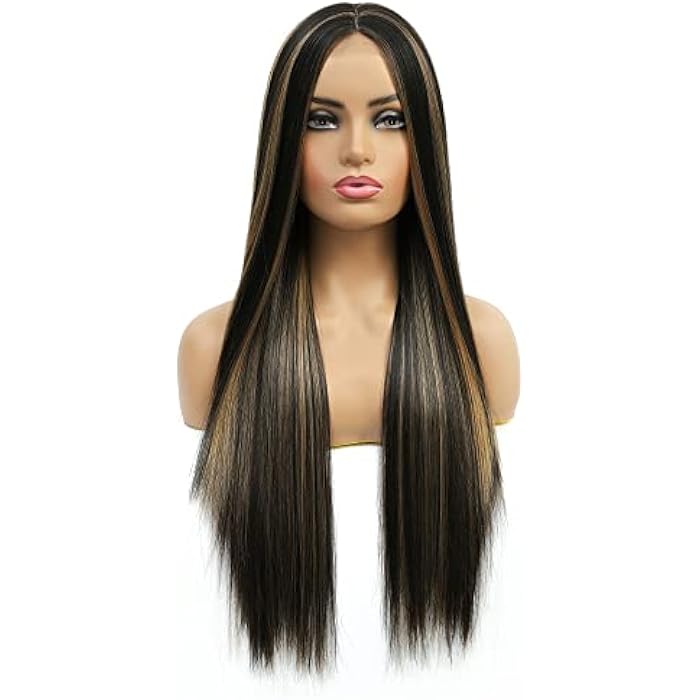 DILLARDS Shinyshow Long Straight Highlight Wig 26 Inch Brown Mixed Blonde Wig Middle Part Synthetic Wigs For Women Heat Resistant Fiber Natural Looking Hair For Daily (Brown Highlight Blonde Wig) - Image 2